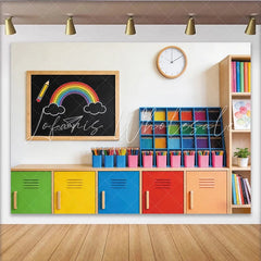 Lofaris Colorful Classroom Photography Backdrop with Rainbow and Lockers Educational School Decor for Student Photoshoot