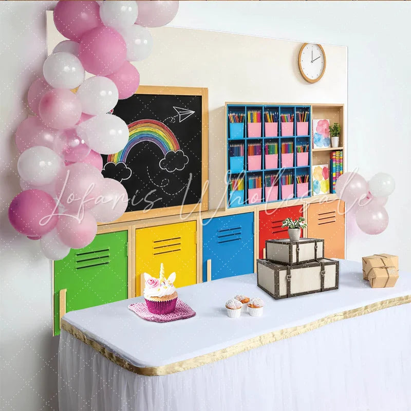 Lofaris Colorful Classroom Photography Backdrop with Rainbow Chalkboard Vibrant School Locker Background for Kids Photoshoot