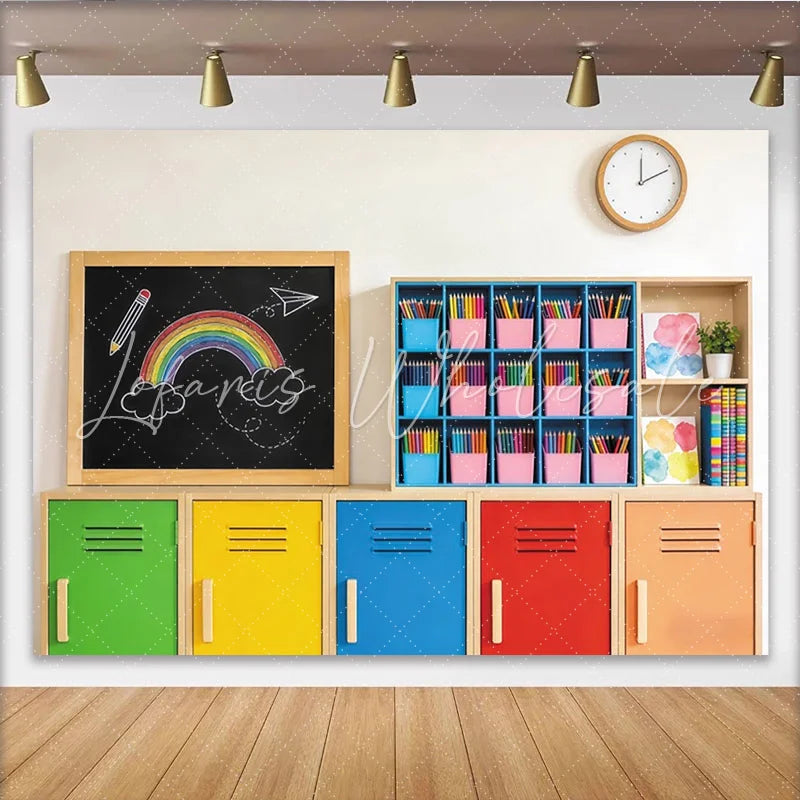 Lofaris Colorful Classroom Photography Backdrop with Rainbow Chalkboard Vibrant School Locker Background for Kids Photoshoot
