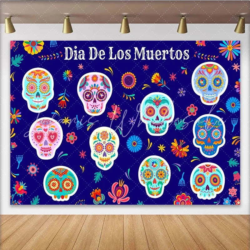 Lofaris Colorful Dia De Los Muertos Backdrop with Sugar Skulls and Floral Patterns Mexican Fiesta Photography Background for Holiday
