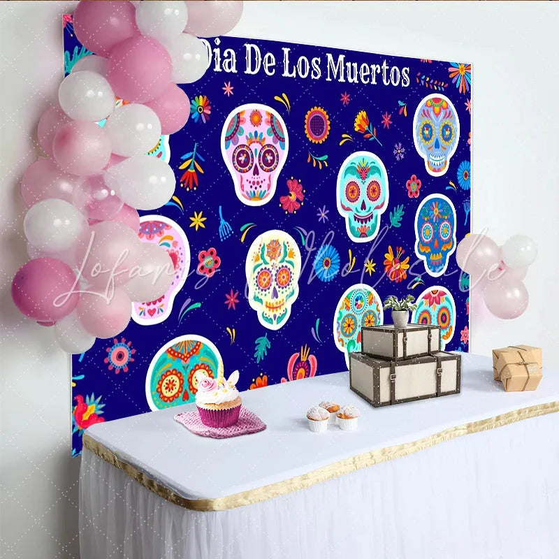 Lofaris Colorful Dia De Los Muertos Backdrop with Sugar Skulls and Floral Patterns Mexican Fiesta Photography Background for Holiday