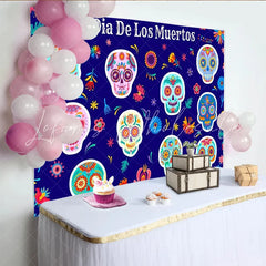 Lofaris Colorful Dia De Los Muertos Backdrop with Sugar Skulls and Floral Patterns Mexican Fiesta Photography Background for Holiday