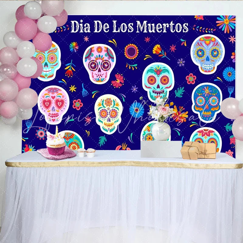 Lofaris Colorful Dia De Los Muertos Backdrop with Sugar Skulls and Floral Patterns Mexican Fiesta Photography Background for Holiday