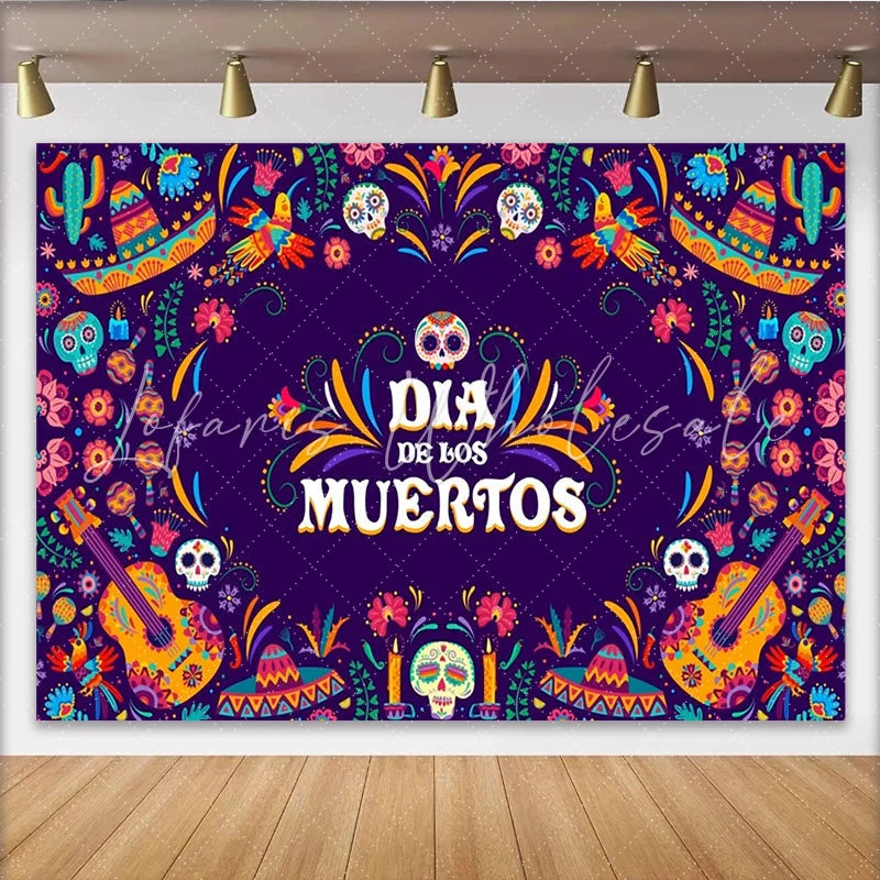 Lofaris Colorful Dia de los Muertos Backdrop with Sugar Skulls and Marigolds Mexican Fiesta Background for Holiday Party Decor