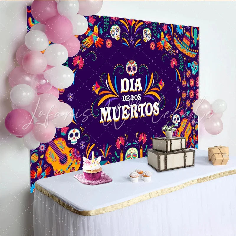 Lofaris Colorful Dia de los Muertos Backdrop with Sugar Skulls and Marigolds Mexican Fiesta Background for Holiday Party Decor