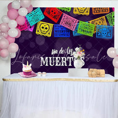 Lofaris Colorful Dia de los Muertos Mexican Fiesta Backdrop with Papel Picado and Sugar Skulls Vibrant Photography Background