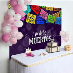 Lofaris Colorful Dia de los Muertos Mexican Fiesta Backdrop with Papel Picado and Sugar Skulls Vibrant Photography Background