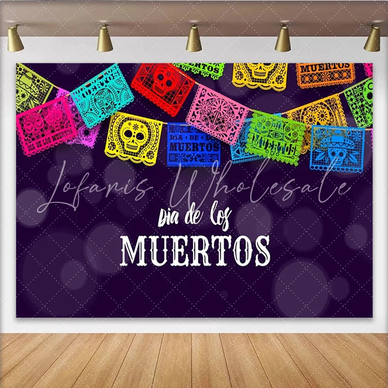 Lofaris Colorful Dia de los Muertos Mexican Fiesta Backdrop with Papel Picado and Sugar Skulls Vibrant Photography Background