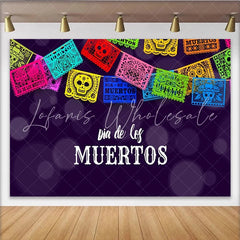 Lofaris Colorful Dia de los Muertos Mexican Fiesta Backdrop with Papel Picado and Sugar Skulls Vibrant Photography Background
