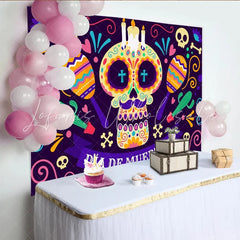 Lofaris Colorful Dia de Muertos Sugar Skull Backdrop with Maracas and Cacti Vibrant Mexican Holiday Decor for Festive Photoshoot