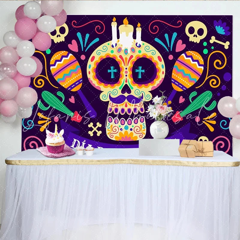 Lofaris Colorful Dia de Muertos Sugar Skull Backdrop with Maracas and Cacti Vibrant Mexican Holiday Decor for Festive Photoshoot