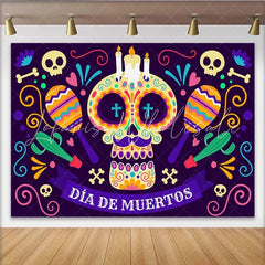 Lofaris Colorful Dia de Muertos Sugar Skull Backdrop with Maracas and Cacti Vibrant Mexican Holiday Decor for Festive Photoshoot