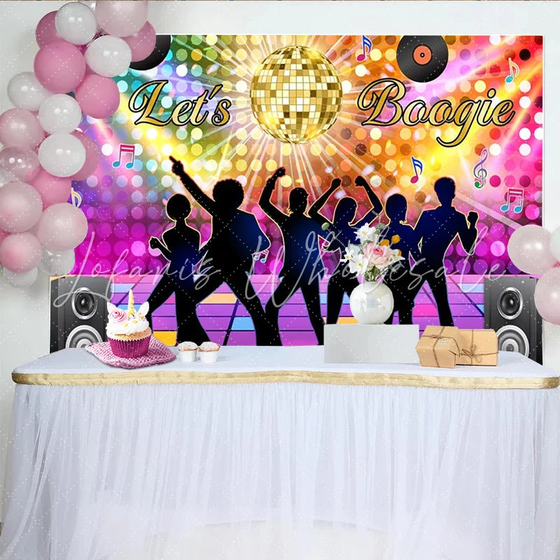 Lofaris Colorful Disco Dance Backdrop with Let’s Boogie and Dancing Silhouettes Vibrant 70s Party Background for Retro Event Photo Booth