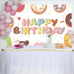 Lofaris Colorful Donut Happy Birthday Backdrop with Sweet Sprinkles Cute Dessert Table Background for Kids Party Photoshoot