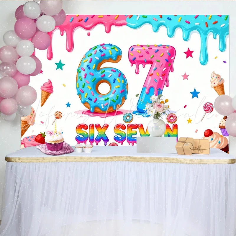 Lofaris Colorful Donut Six Seven Birthday Backdrop with Sprinkles and Dripping Icing Sweet Dessert Party Decor for Photoshoot