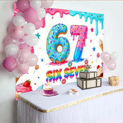 Lofaris Colorful Donut Six Seven Birthday Backdrop with Sprinkles and Dripping Icing Sweet Dessert Party Decor for Photoshoot