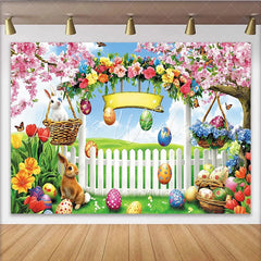 Lofaris Colorful Easter Backdrop with Cute Bunnies and Spring Flowers Vibrant Garden Background for Holiday Party Decoration
