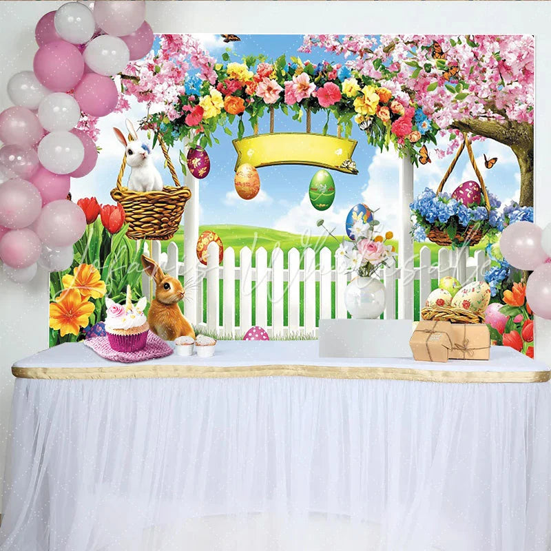 Lofaris Colorful Easter Backdrop with Cute Bunnies and Spring Flowers Vibrant Garden Background for Holiday Party Decoration