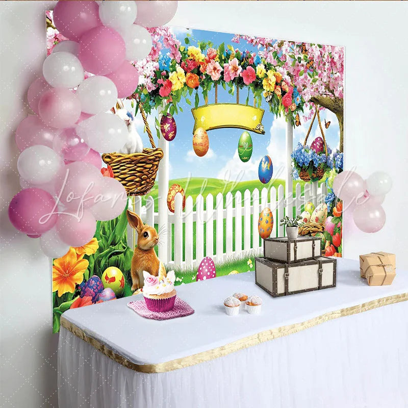 Lofaris Colorful Easter Backdrop with Cute Bunnies and Spring Flowers Vibrant Garden Background for Holiday Party Decoration