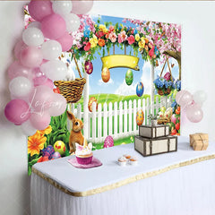 Lofaris Colorful Easter Backdrop with Cute Bunnies and Spring Flowers Vibrant Garden Background for Holiday Party Decoration