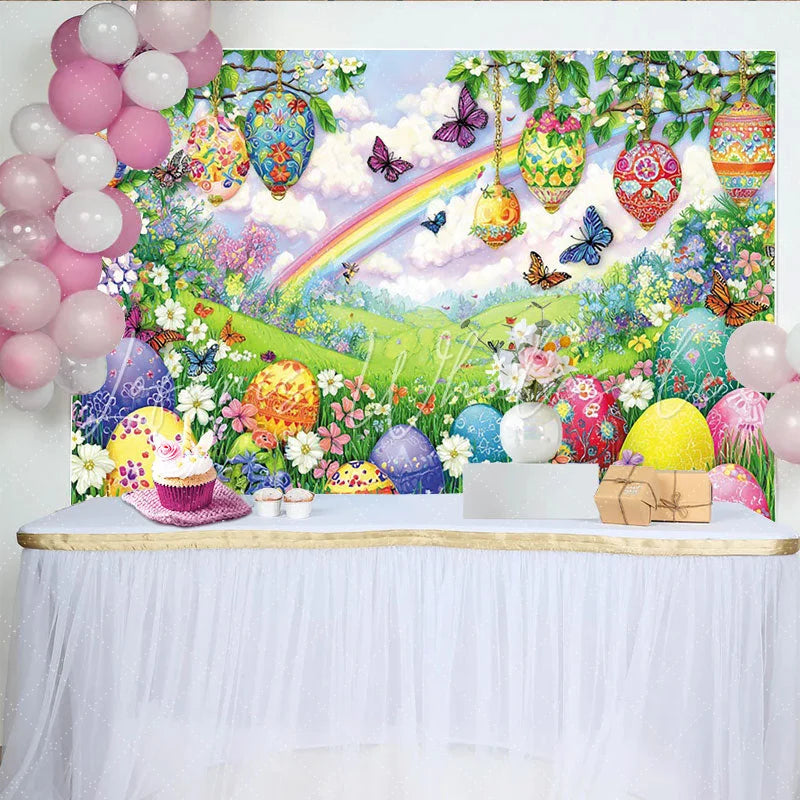 Lofaris Colorful Easter Backdrop with Decorated Eggs and Spring Flowers Rainbow Sky Photography Background for Holiday Party