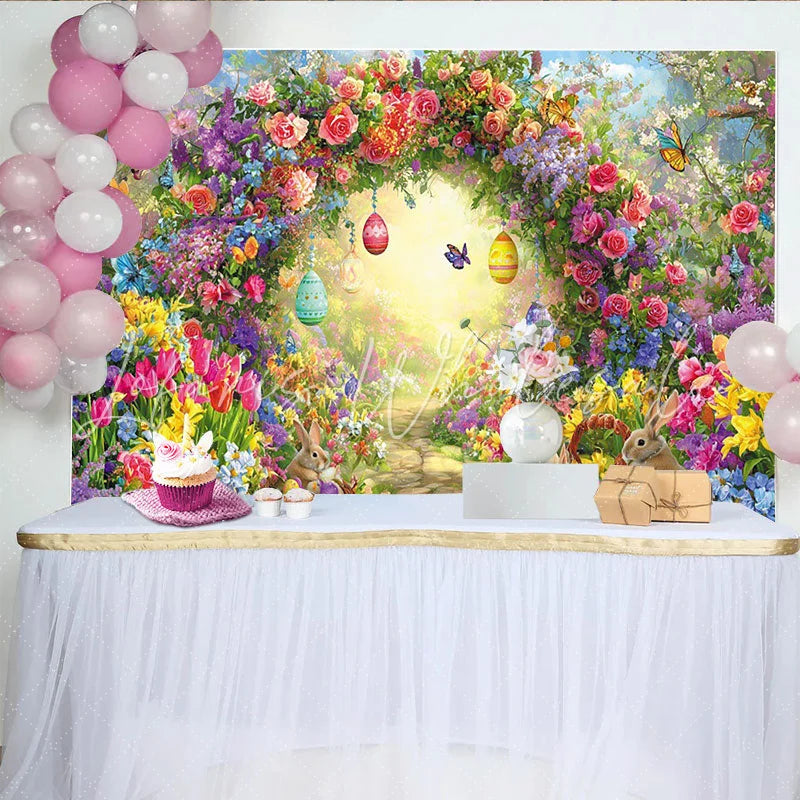 Lofaris Colorful Easter Backdrop with Spring Flowers Cute Bunnies and Eggs Garden Photography Background for Holiday Party
