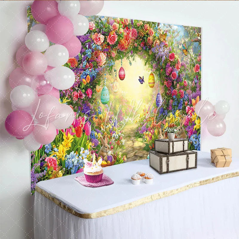 Lofaris Colorful Easter Backdrop with Spring Flowers Cute Bunnies and Eggs Garden Photography Background for Holiday Party