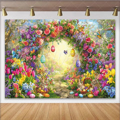 Lofaris Colorful Easter Backdrop with Spring Flowers Cute Bunnies and Eggs Garden Photography Background for Holiday Party