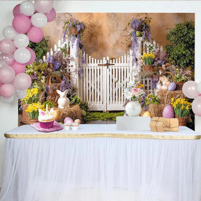 Lofaris Colorful Easter Backdrop with White Picket Fence and Spring Flowers Vibrant Garden Scene for Party Decor