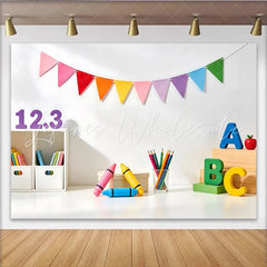 Lofaris Colorful Educational Photography Backdrop with ABC Blocks and Crayons Vibrant Classroom Background for Kids’ Photoshoots