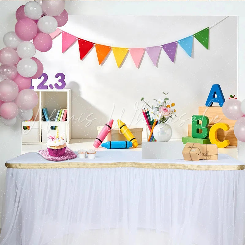 Lofaris Colorful Educational Photography Backdrop with ABC Blocks and Crayons Vibrant Classroom Background for Kids’ Photoshoots