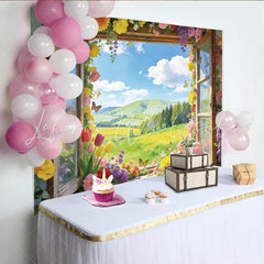Lofaris Colorful Floral Window Photography Backdrop with Spring Landscape Beautiful Nature Scene for Studio Photoshoot