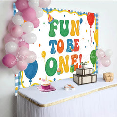 Lofaris Colorful Fun To Be One 1st Birthday Backdrop Balloons and Party Hat Gingham Border Background for Baby’s Party