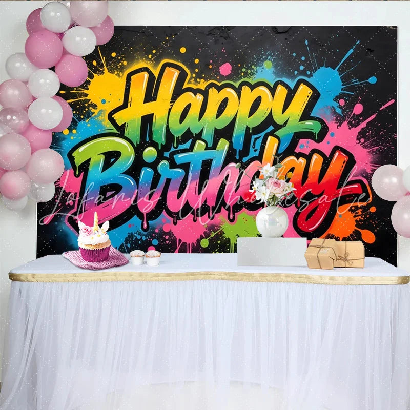 Lofaris Colorful Graffiti Happy Birthday Backdrop with Paint Splatter Vibrant Party Background for Celebration Photo Booth