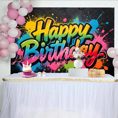 Lofaris Colorful Graffiti Happy Birthday Backdrop with Paint Splatter Vibrant Party Background for Celebration Photo Booth