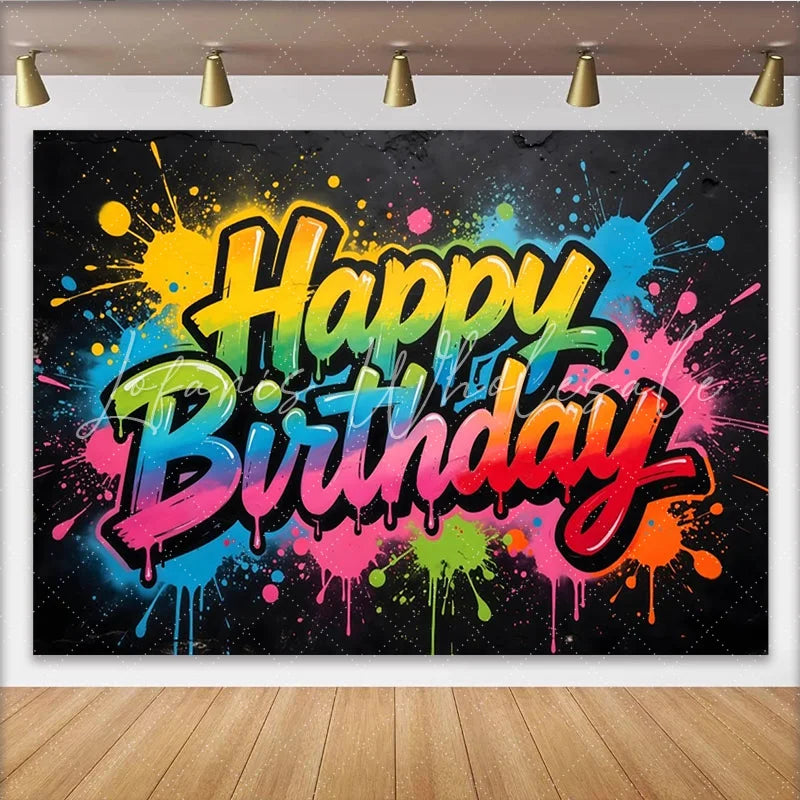 Lofaris Colorful Graffiti Happy Birthday Backdrop with Paint Splatter Vibrant Party Background for Celebration Photo Booth