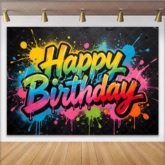 Lofaris Colorful Graffiti Happy Birthday Backdrop with Paint Splatter Vibrant Party Background for Celebration Photo Booth