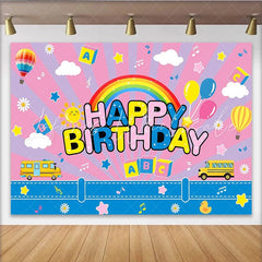 Lofaris Colorful Happy Birthday Cartoon Birthday Backdrop with Rainbow Playful Hot Air Balloons School Bus Background for Kids Party Decor