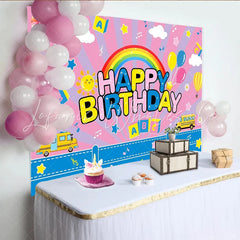 Lofaris Colorful Happy Birthday Cartoon Birthday Backdrop with Rainbow Playful Hot Air Balloons School Bus Background for Kids Party Decor