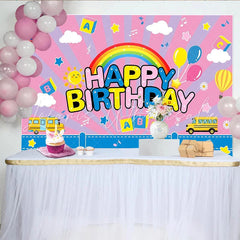 Lofaris Colorful Happy Birthday Cartoon Birthday Backdrop with Rainbow Playful Hot Air Balloons School Bus Background for Kids Party Decor