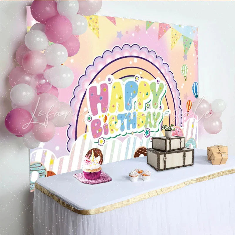 Lofaris Colorful Happy Birthday Party Backdrop with Rainbow Hot Air Balloons and Sweet Donuts for Kids Celebration