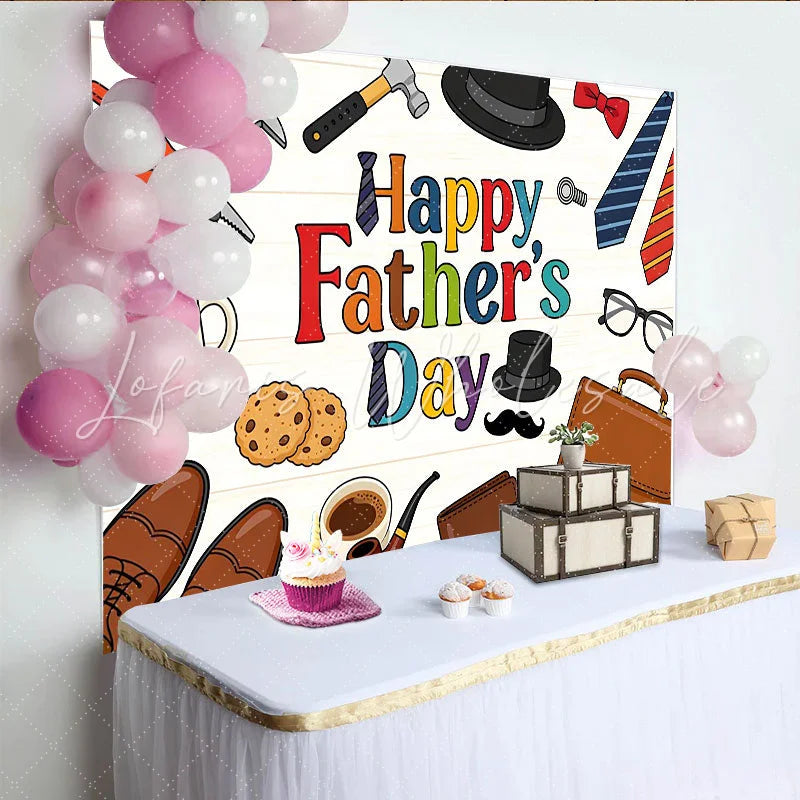 Lofaris Colorful Happy Fathers Day Backdrop with Tools Ties and Best Dad Coffee Mug Wood Texture Background for Party Decor