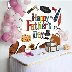 Lofaris Colorful Happy Fathers Day Backdrop with Tools Ties and Best Dad Coffee Mug Wood Texture Background for Party Decor