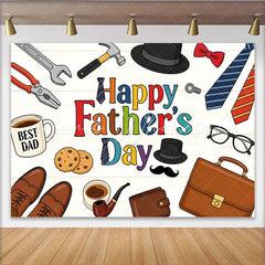 Lofaris Colorful Happy Fathers Day Backdrop with Tools Ties and Best Dad Coffee Mug Wood Texture Background for Party Decor