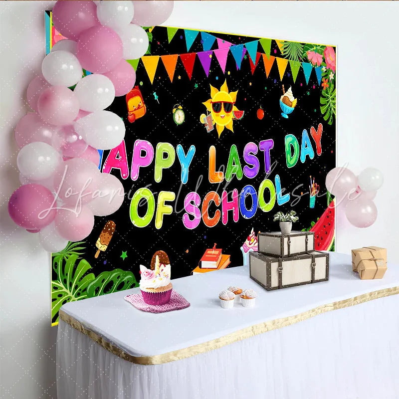 Lofaris Colorful Happy Last Day of School Backdrop with Summer Sun and Ice Cream Vibrant Party Background for Celebration