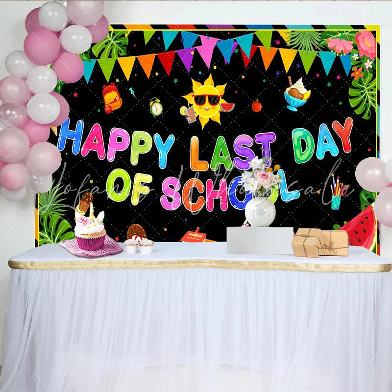 Lofaris Colorful Happy Last Day of School Backdrop with Summer Sun and Ice Cream Vibrant Party Background for Celebration