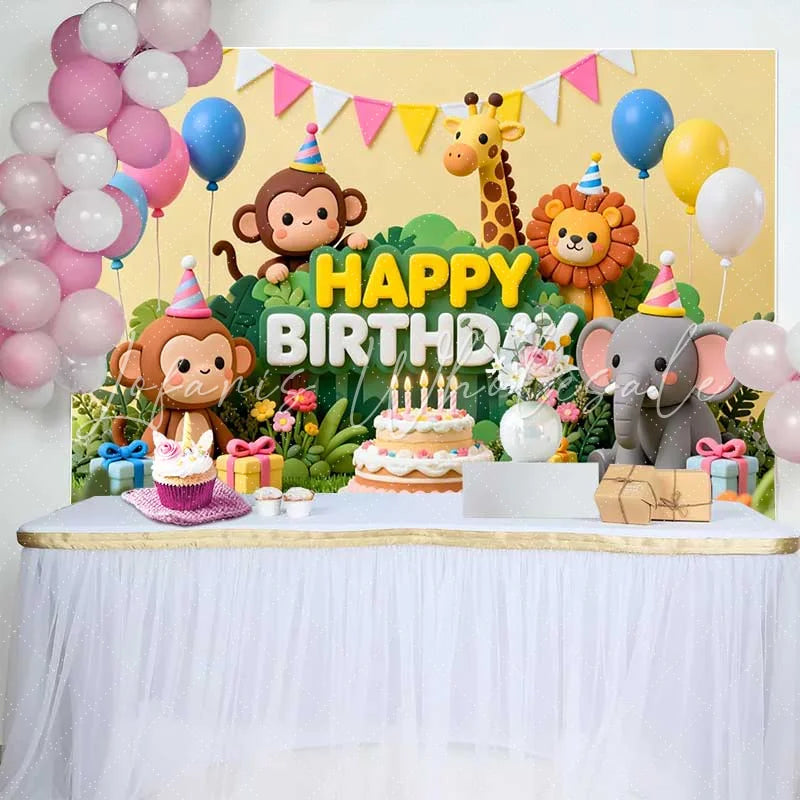 Lofaris Colorful Jungle Animals Happy Birthday Backdrop Safari Theme Cake and Balloons Party Decor