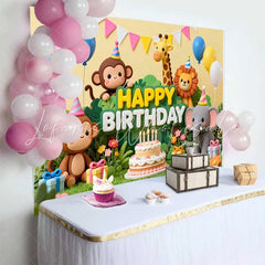 Lofaris Colorful Jungle Animals Happy Birthday Backdrop Safari Theme Cake and Balloons Party Decor