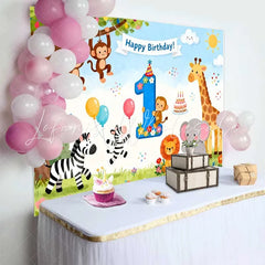 Lofaris Colorful Jungle Safari Animals First Birthday Backdrop featuring a Number One and Happy Birthday Banner for a Wild One Celebration