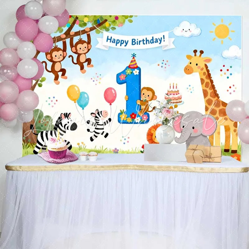 Lofaris Colorful Jungle Safari Animals First Birthday Backdrop featuring a Number One and Happy Birthday Banner for a Wild One Celebration